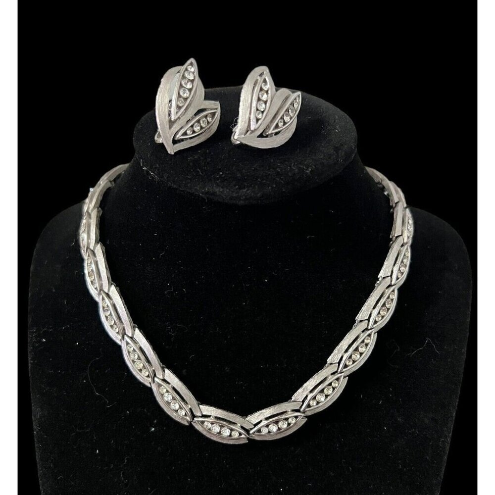Trifari Rhinestone Jewelry Set Necklace Bracelet Earrings Silver Tone
